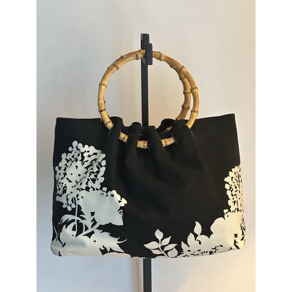 Banana Republic Bamboo Handle Black & Cream Canvas Top Handle Handbag - Picture 1 of 16